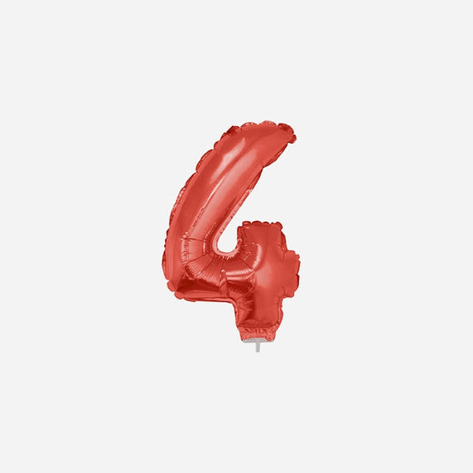 Ballon chiffre "4" en aluminium avec bâton rouge 40 cm