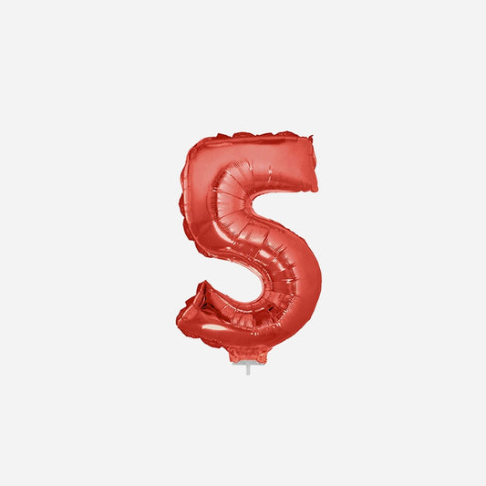 Ballon chiffre "5" en aluminium avec bâton rouge 40 cm