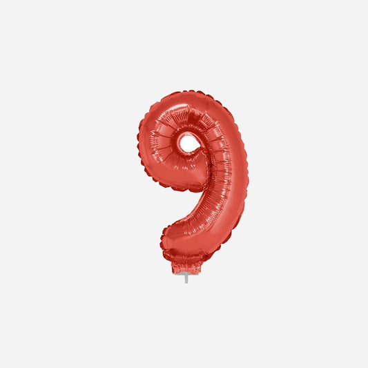 Ballon chiffre "9" en aluminium avec bâton rouge 40 cm