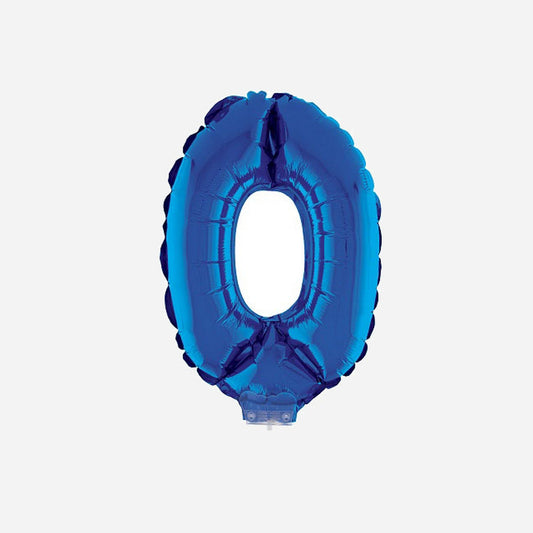 Ballon chiffre "0" en aluminium avec bâton bleu 40 cm