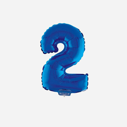 Ballon chiffre "2" en aluminium avec bâton bleu 40 cm