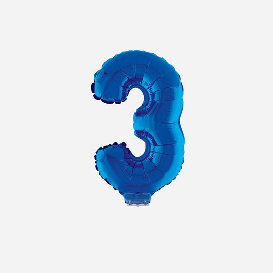 Ballon chiffre "3" en aluminium avec bâton bleu 40 cm