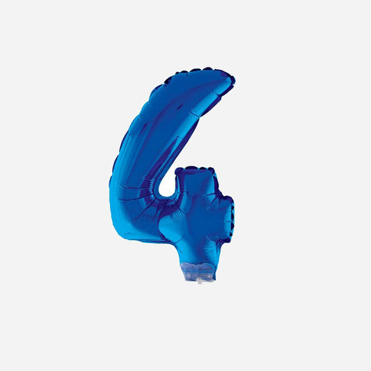 Ballon chiffre "4" en aluminium avec bâton bleu 40 cm