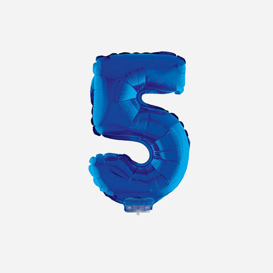 Ballon chiffre "5" en aluminium avec bâton bleu 40 cm