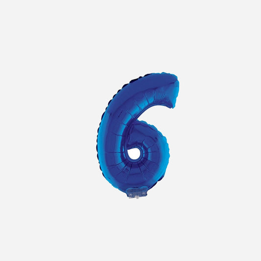 Ballon chiffre "6" en aluminium avec bâton bleu 40 cm