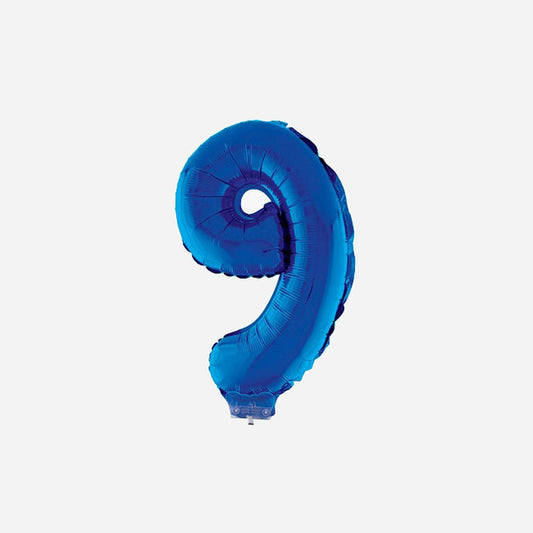 Ballon chiffre "9" en aluminium avec bâton bleu 40 cm