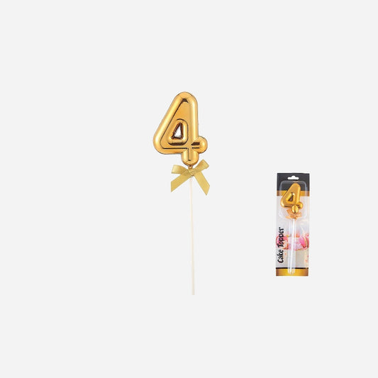 Topper chiffre "4" métallisé avec ruban or sur pique 23.5 cm
