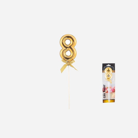 Topper chiffre "8" métallisé avec ruban or sur pique 23.5 cm