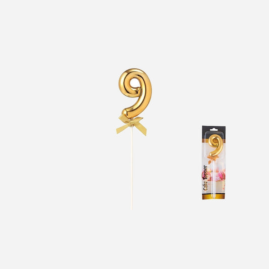 Topper chiffre "9" métallisé avec ruban or sur pique 23.5 cm