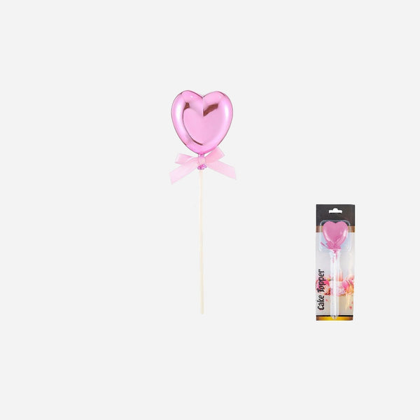 Topper coeur métallisé avec ruban rose sur pique 21 cm