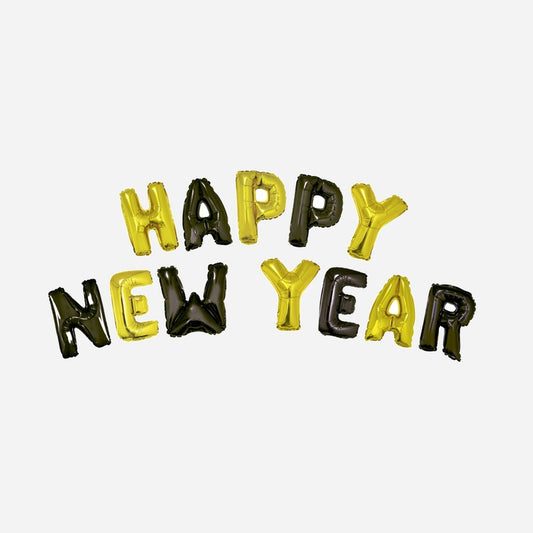 Kit ballons aluminium "Happy New Year" noir or 40 cm