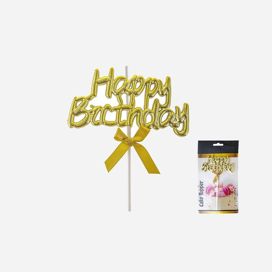 Topper "Happy Birthday" métallisé avec ruban or sur pique 20 cm