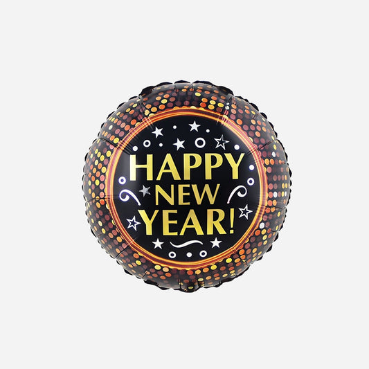 Ballon aluminium rond Happy New Year noir or 46 cm