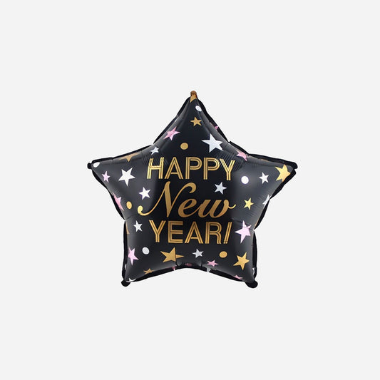 Ballon aluminium étoile Happy New Year noir or 46 × 46 cm
