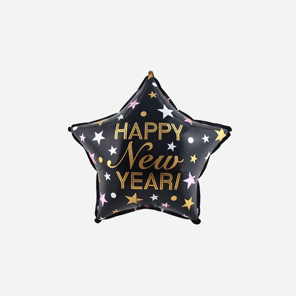 Ballon aluminium étoile Happy New Year noir or 46 × 46 cm