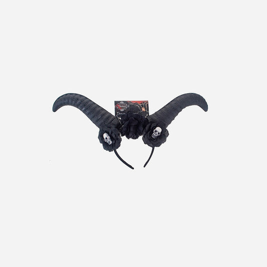 Serre-tête cornes noir avec crânes et fleurs 48 cm