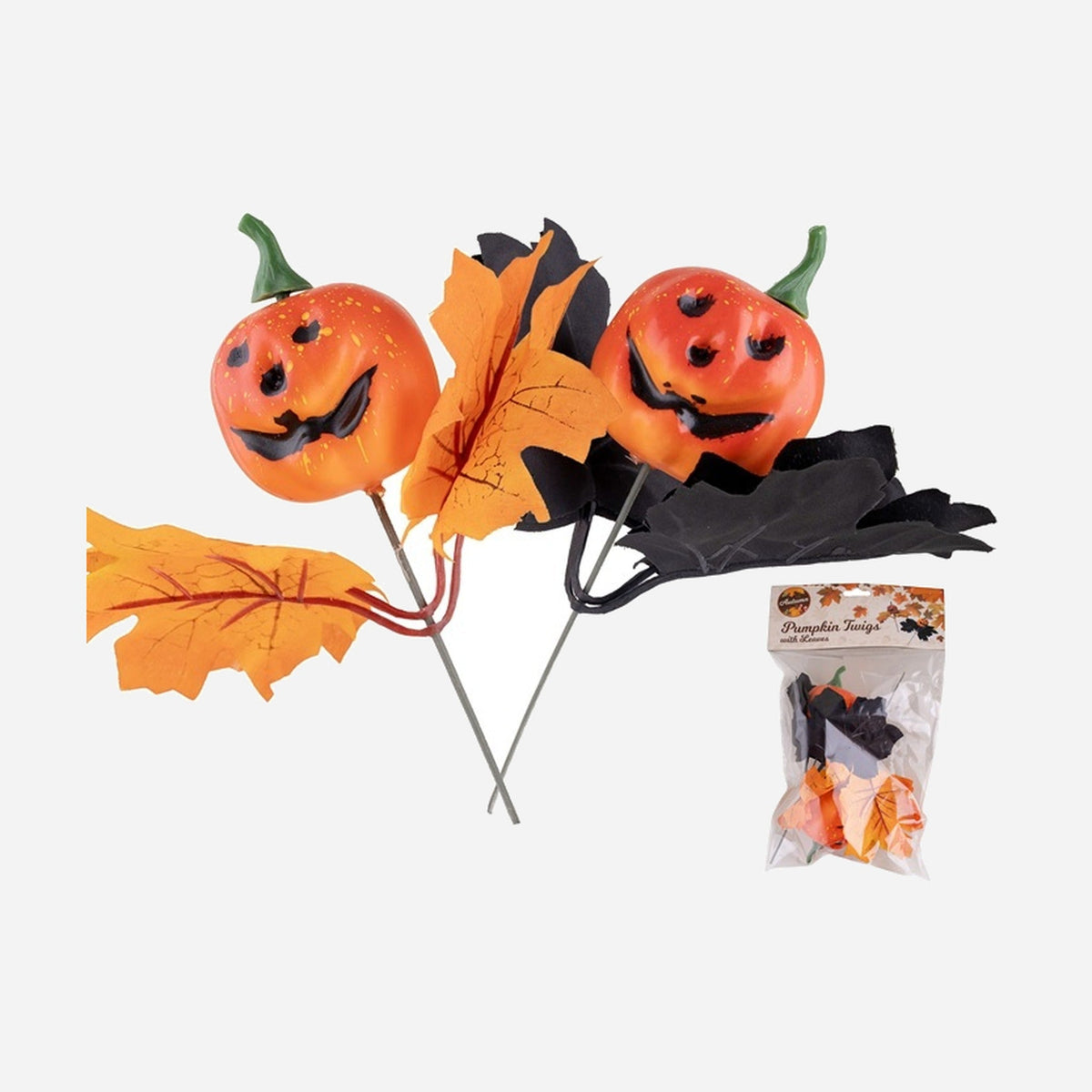 Lot de 2 citrouilles avec feuilles sur pique 20 cm