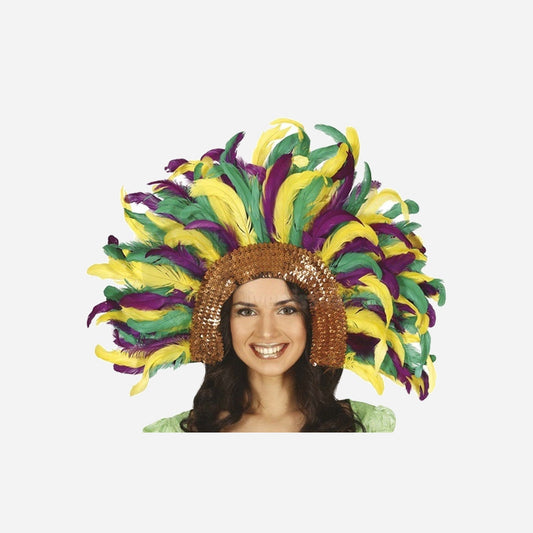 Coiffe tiare carnaval de rio à plumes et sequins multicolore