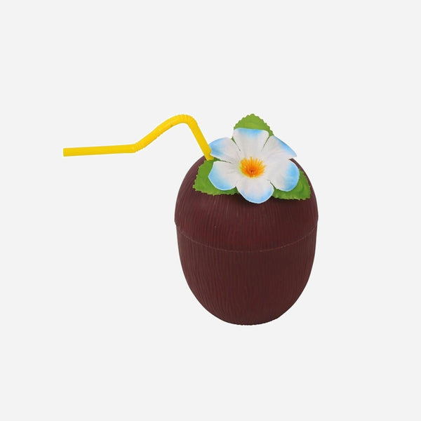 Coupe cocktail Hawaï noix de coco brun avec paille et fleur 13 cm