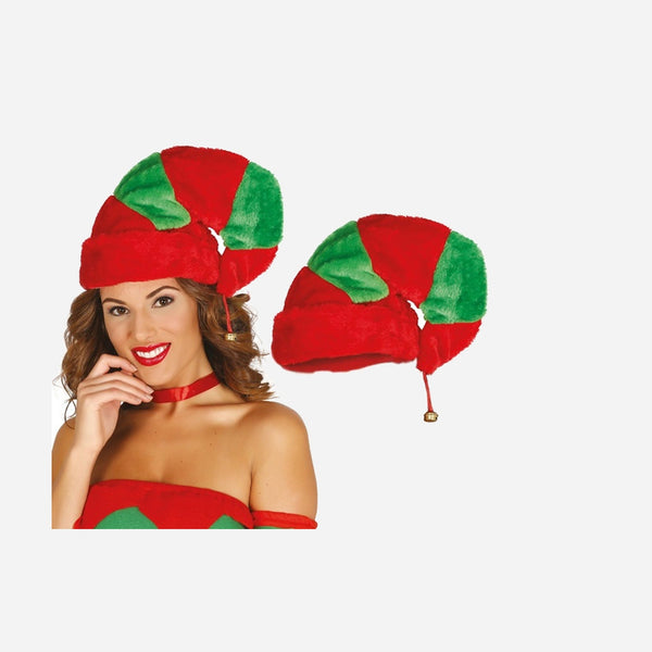 Bonnet de lutin velours synthétique rouge vert avec grelot adult