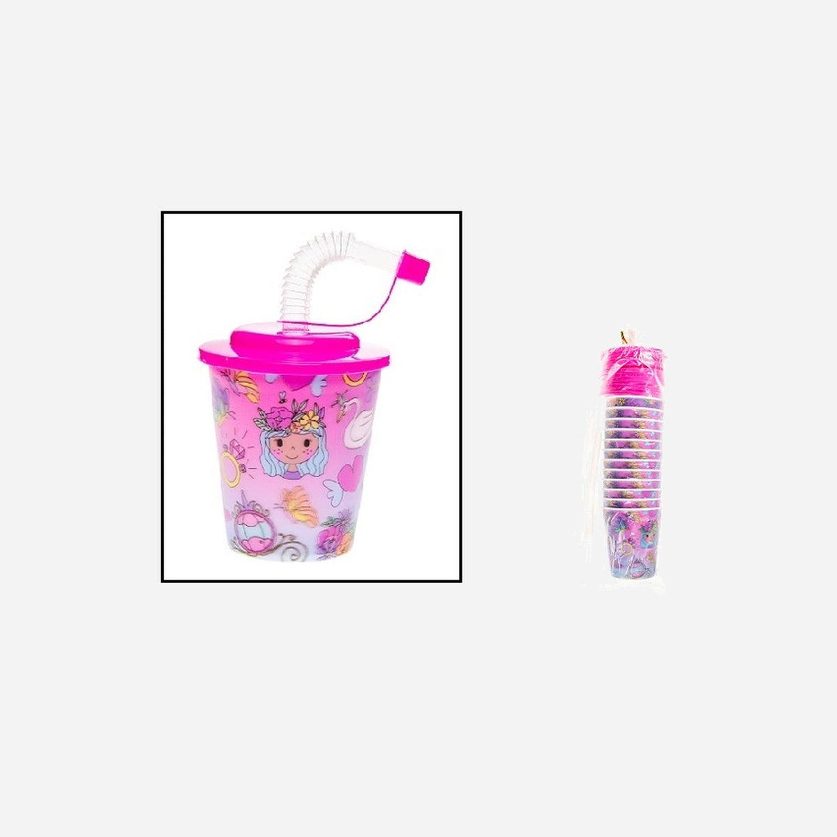 Lot de 12 gobelets princesse 3D avec paille et couvercle 25 cl