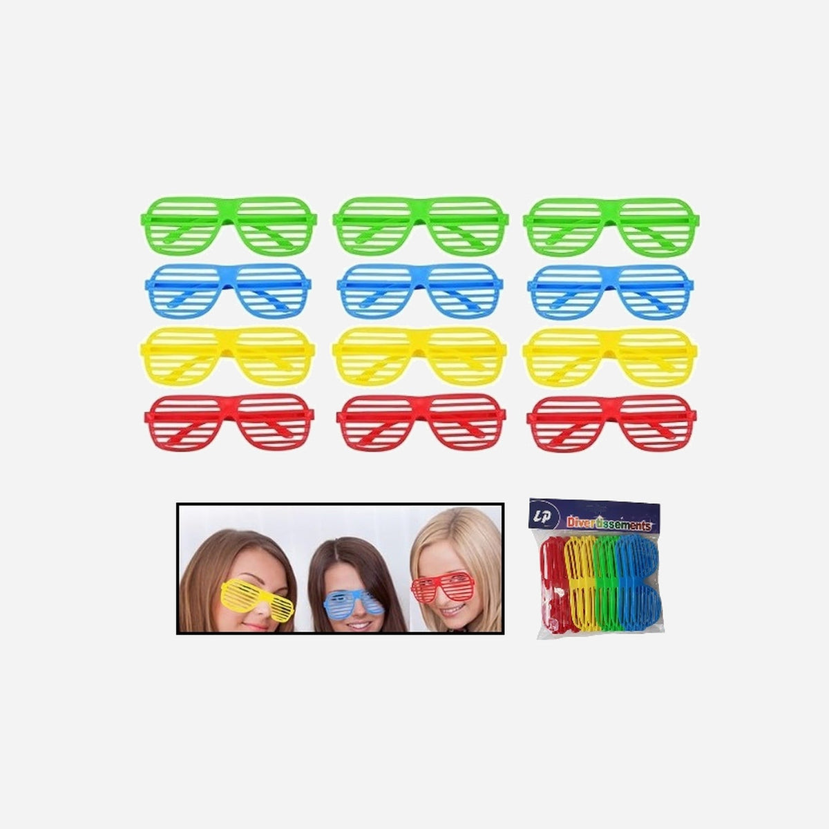 Lot de 12 lunettes stores néon fluo assorti