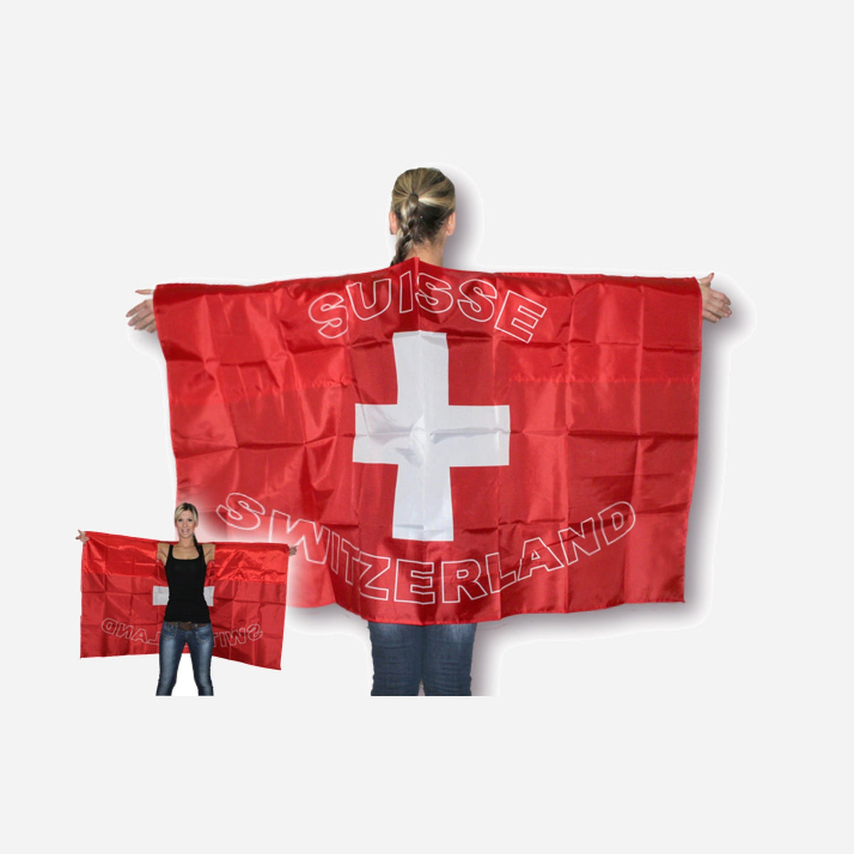Cape poncho drapeau suisse avec inscription 90 × 150 cm