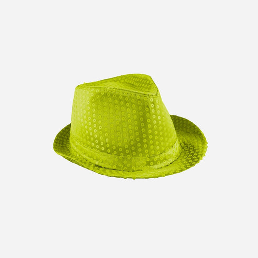 Chapeau trilby à sequins néon fluo jaune 12 cm