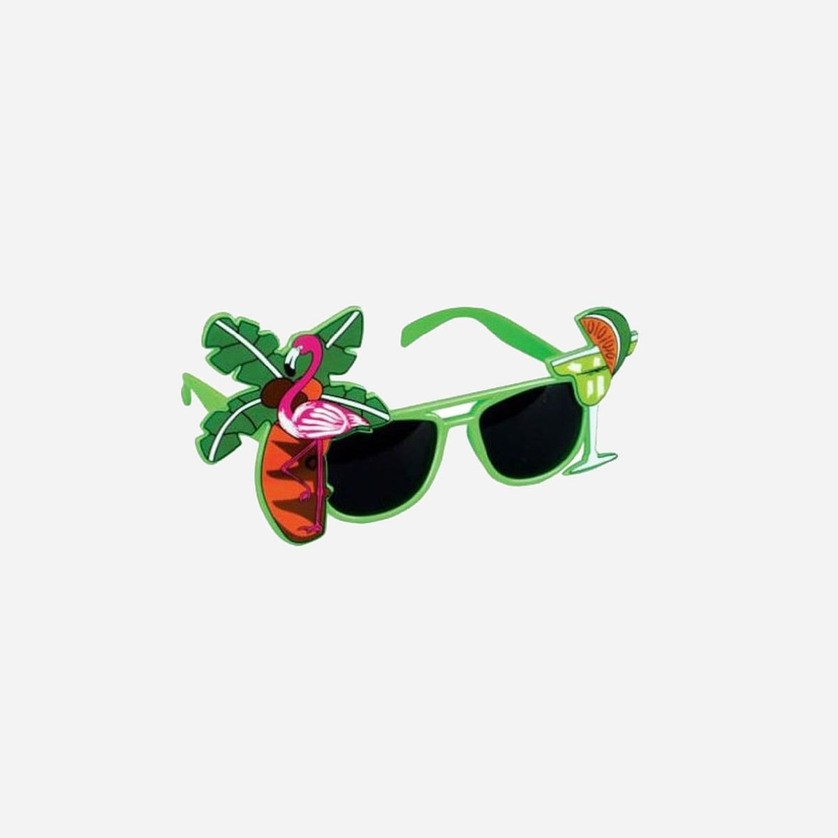 Lunettes gag verte motifs palmier, cocktail et flamant rose