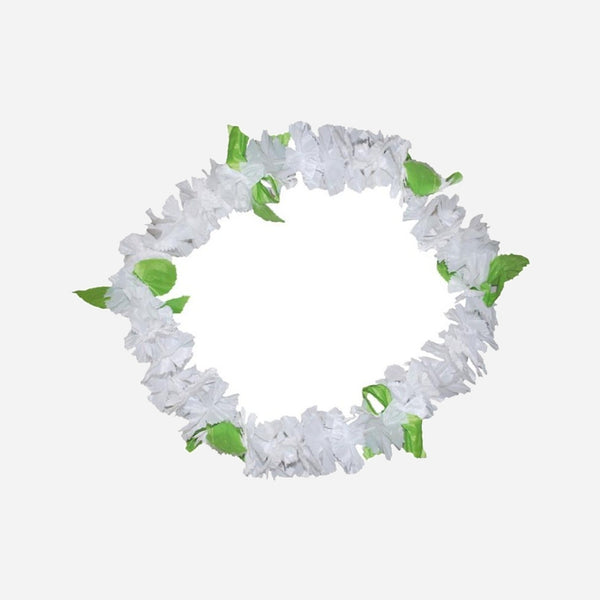 Collier de 40 fleurs épais Tahiti blanc avec feuilles 110 mm