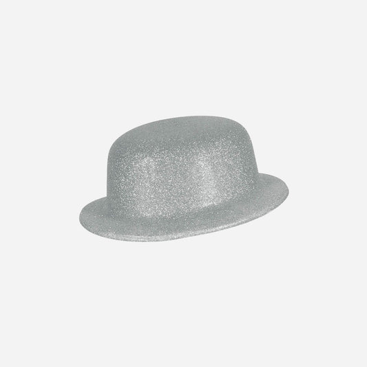 Chapeau melon en PVC à paillettes argent 10 cm