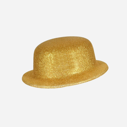 Chapeau melon en PVC à paillettes or 10 cm