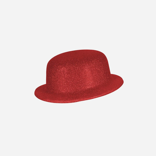 Chapeau melon en PVC à paillettes rouge 10 cm