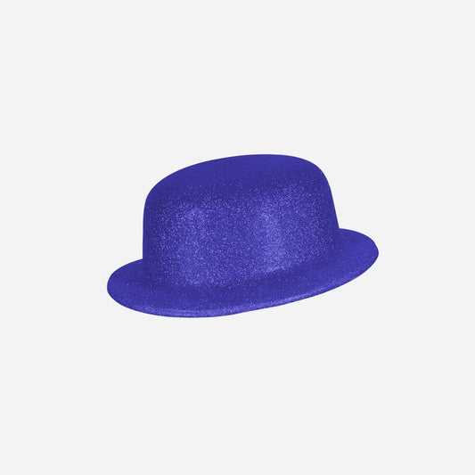 Chapeau melon en PVC à paillettes bleu 10 cm