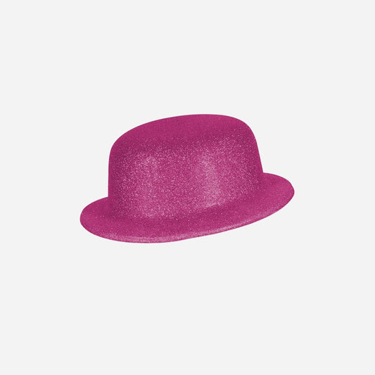 Chapeau melon en PVC à paillettes fuchsia 10 cm