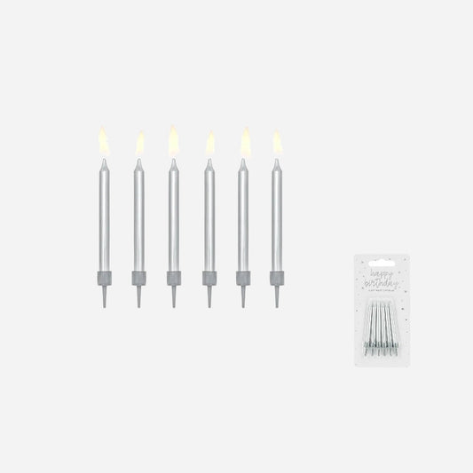 Lot de 6 bougies anniversaire argent avec socles luxe 6 cm