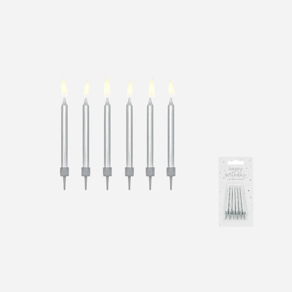 Lot de 6 bougies anniversaire argent avec socles luxe 6 cm