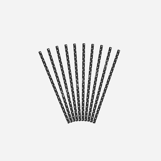 Lot de 10 pailles carton noir à pois blanc 19.5 cm