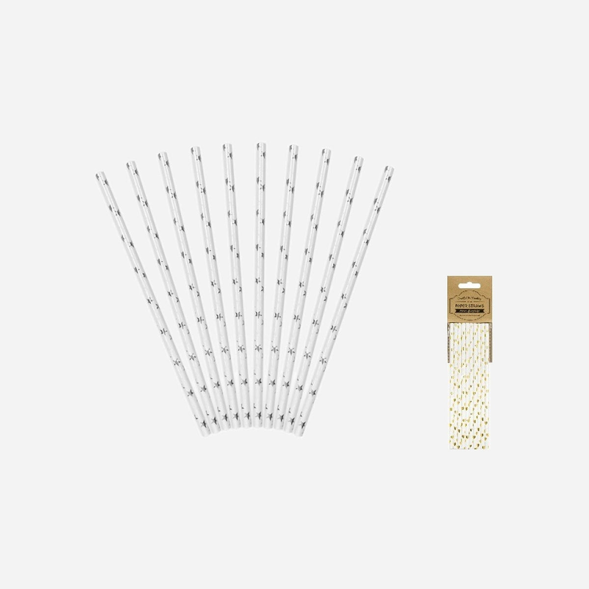 Lot de 10 pailles carton blanc avec étoiles argent 19.5 cm