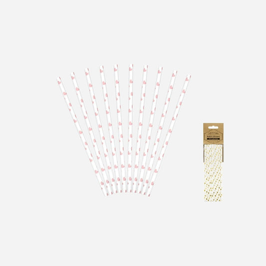 Lot de 10 pailles carton blanc avec coeurs rose 19.5 cm