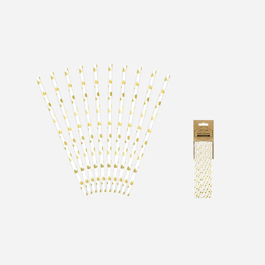 Lot de 10 pailles carton blanc avec coeurs or 19.5 cm