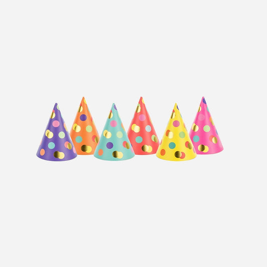 Lot de 6 chapeaux de fête cône à pois 16 cm