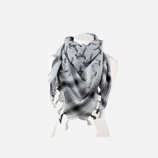 Keffieh foulard gris noir blanc motifs danseurs 1 × 1 m