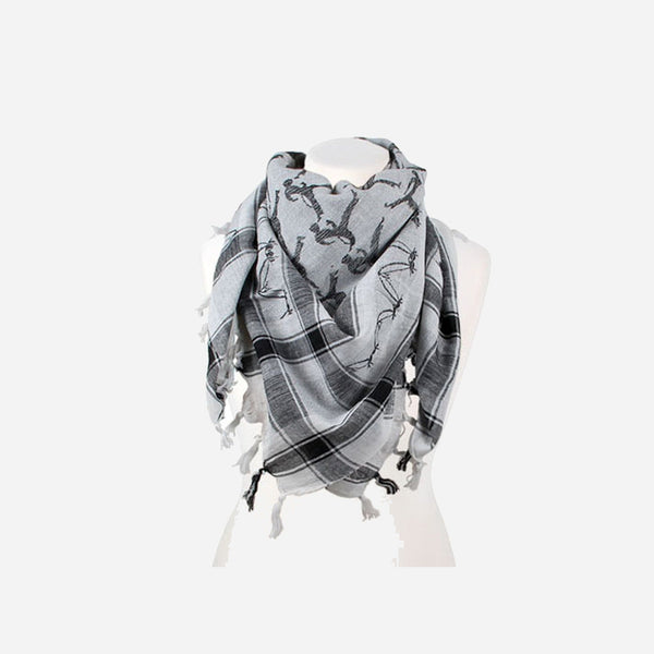 Keffieh foulard gris noir blanc motifs danseurs 1 × 1 m