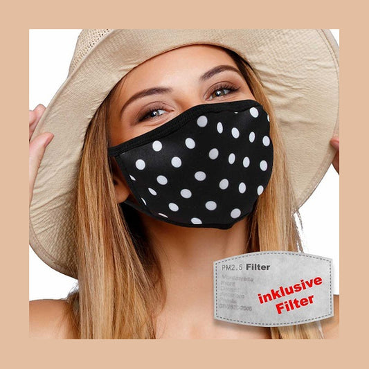 Masque textile lavable avec filtre actif noir à pois