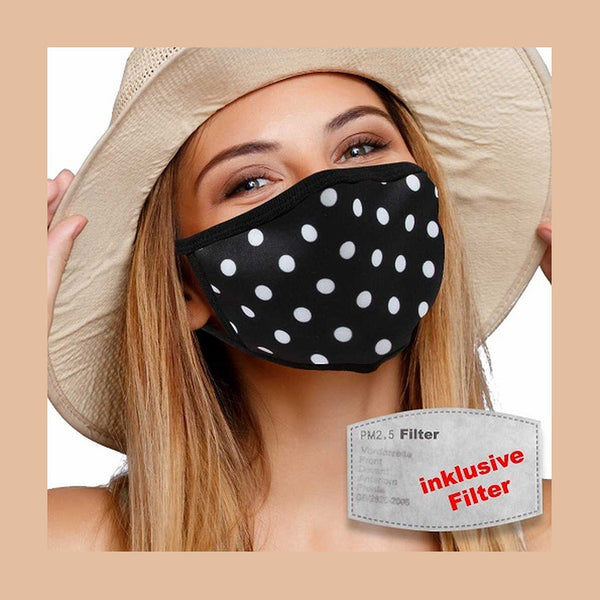 Masque textile lavable avec filtre actif noir à pois