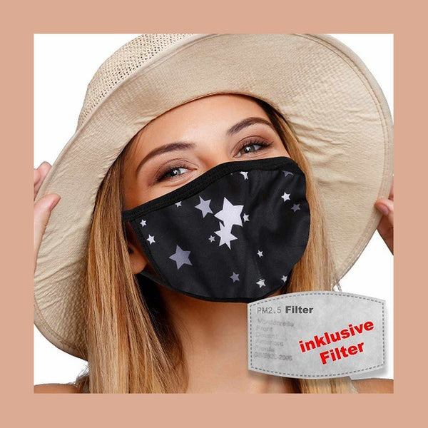 Masque textile lavable avec filtre actif noir etoiles