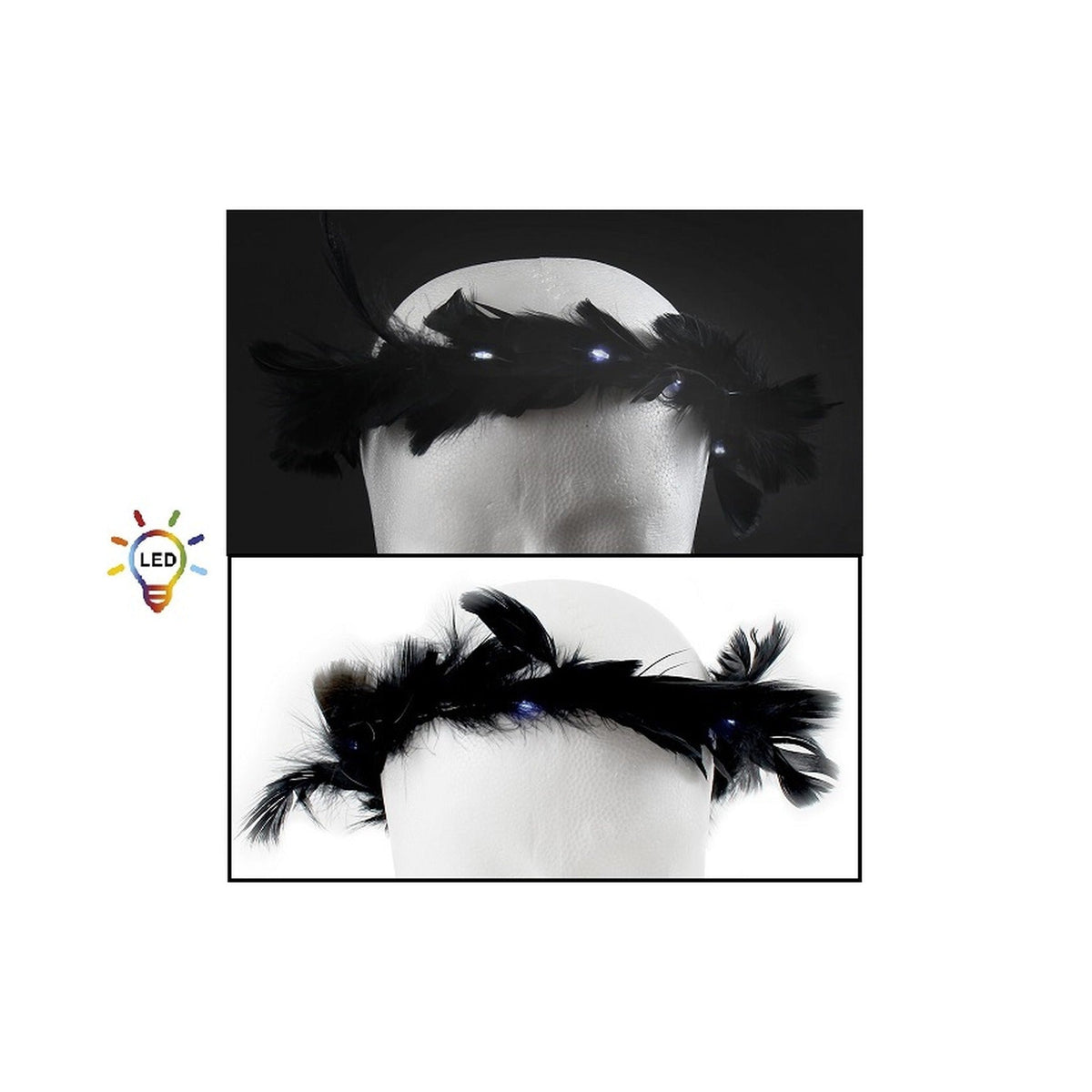 Couronne de plumes noir lumineuse LED's blanc