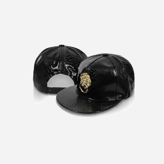 Casquette snapback Tête de lion imitation cuir noir fantaisie