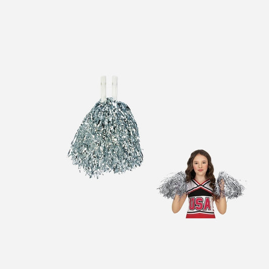 Paire de pompons pom pom girl avec poignée Léger argent